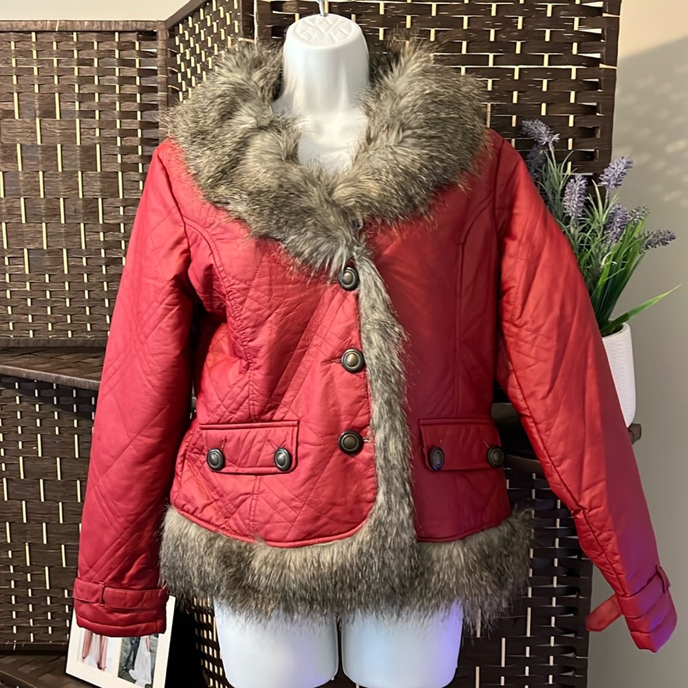 Vintage Ladies New York Classics Red Button up Jacket Coat Faux Fur Medium